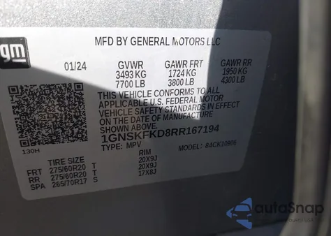 2024 Chevrolet Suburban 4Wd Premier z USA, uszkodzony, nr VIN 1GNSKFKD8RR167194